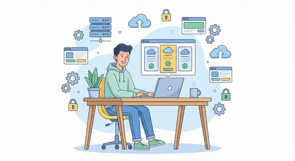 Web hosting for beginners using a simple hosting dashboard on a laptop