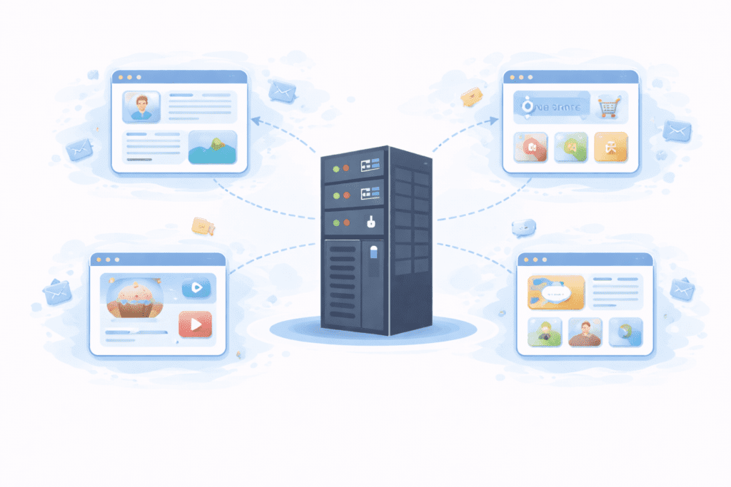Shared hosting server connected to multiple websites