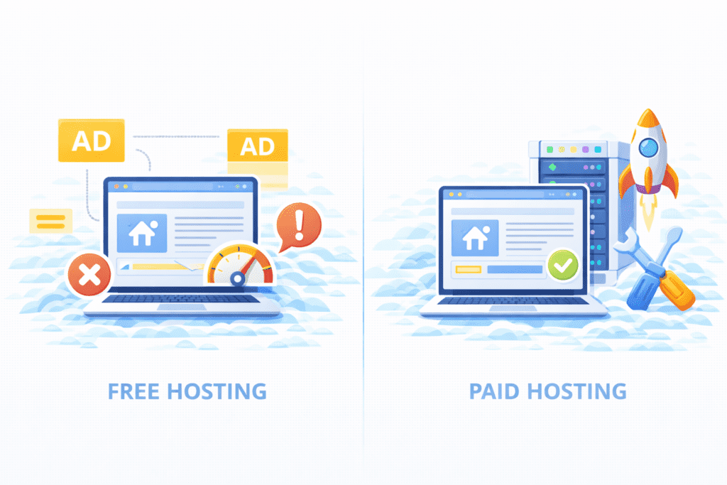 Free vs paid web hosting comparison showing limits on free hosting and benefits of paid hosting