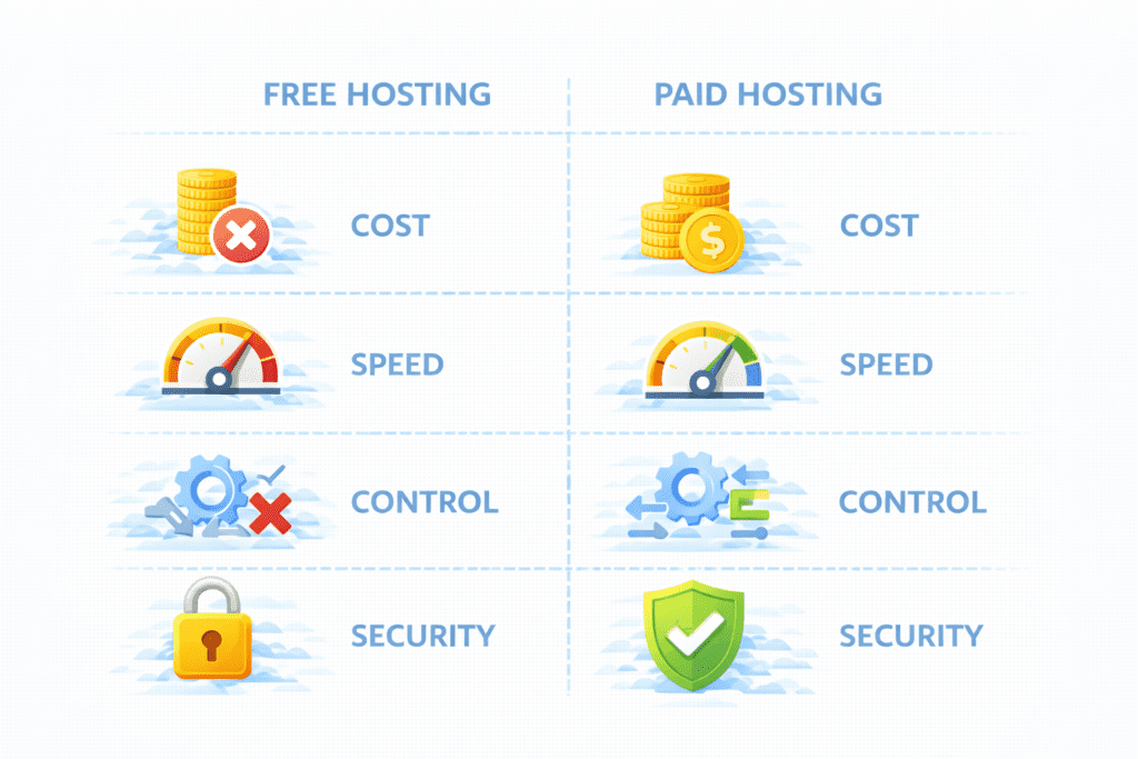Free vs paid web hosting comparison of cost, speed, control, and security