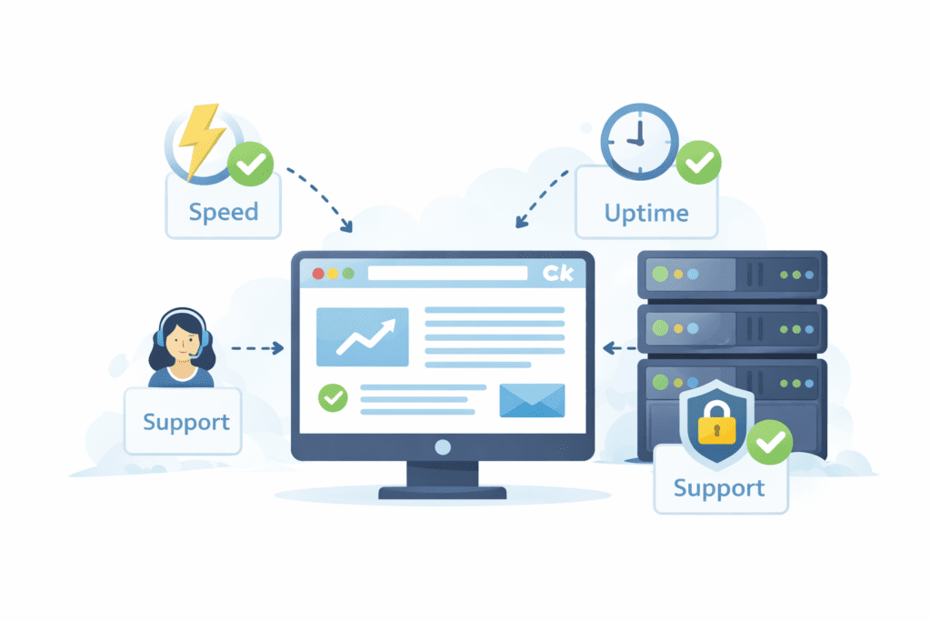 Web hosting for beginners showing speed, uptime, and customer support features