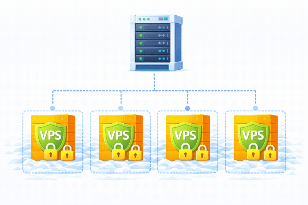 VPS hosting setup showing one server divided into multiple virtual servers