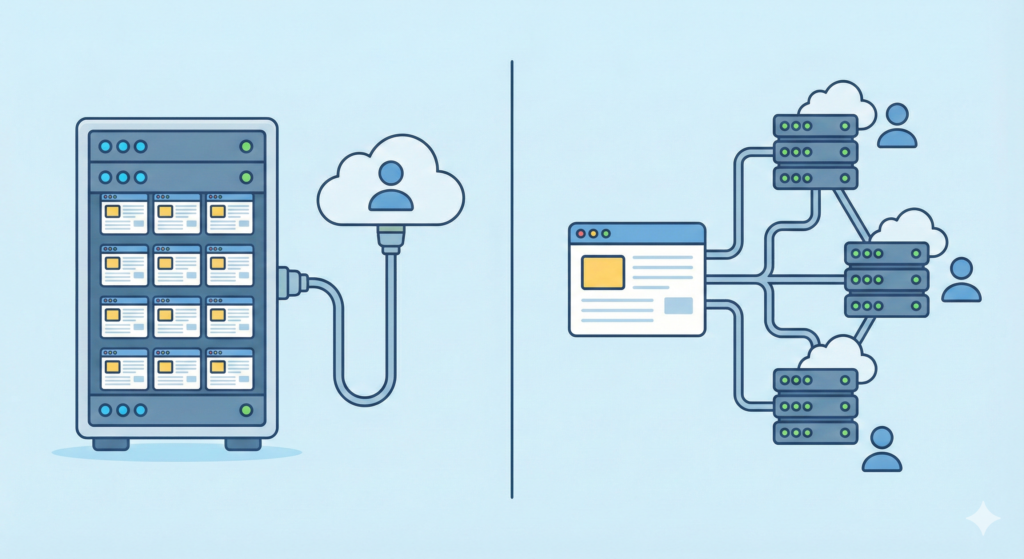 Shared hosting vs cloud hosting showing single server compared to multiple connected servers