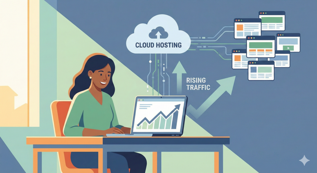 Cloud hosting helping a website grow with rising traffic and performance