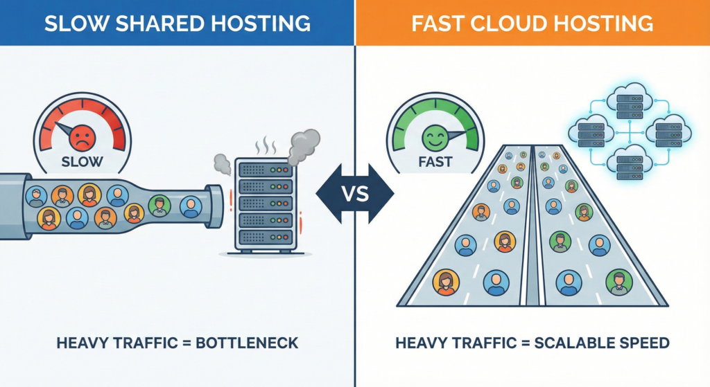 Shared hosting vs cloud hosting showing slow speed on shared hosting and fast speed on cloud hosting