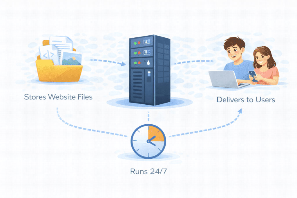 Web hosting stores website files and delivers them to users 24/7