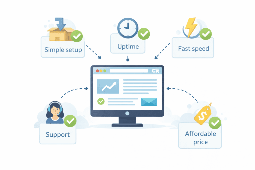 Web hosting for beginners checklist with simple setup, uptime, and fast speed