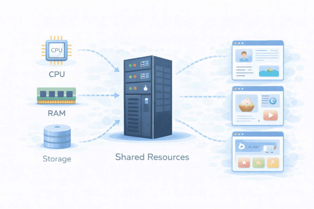 Shared hosting resources like CPU RAM and storage shared by websites