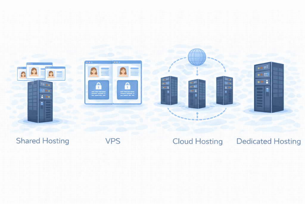 Web hosting types including shared VPS cloud and dedicated hosting