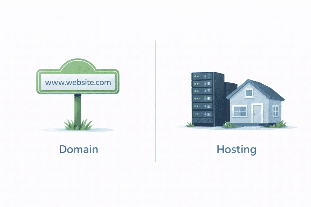 Domain name vs web hosting comparison showing address and server side by side