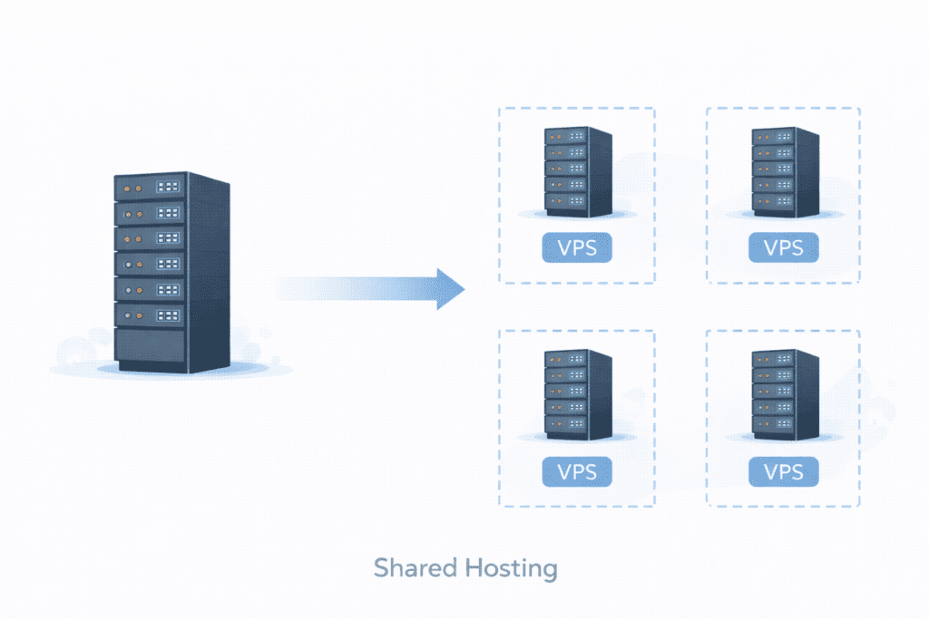 VPS hosting explained showing one server divided into virtual servers