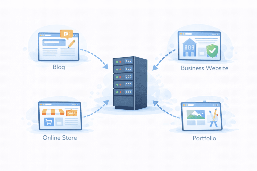Multiple websites hosted on one server showing web hosting to create a website