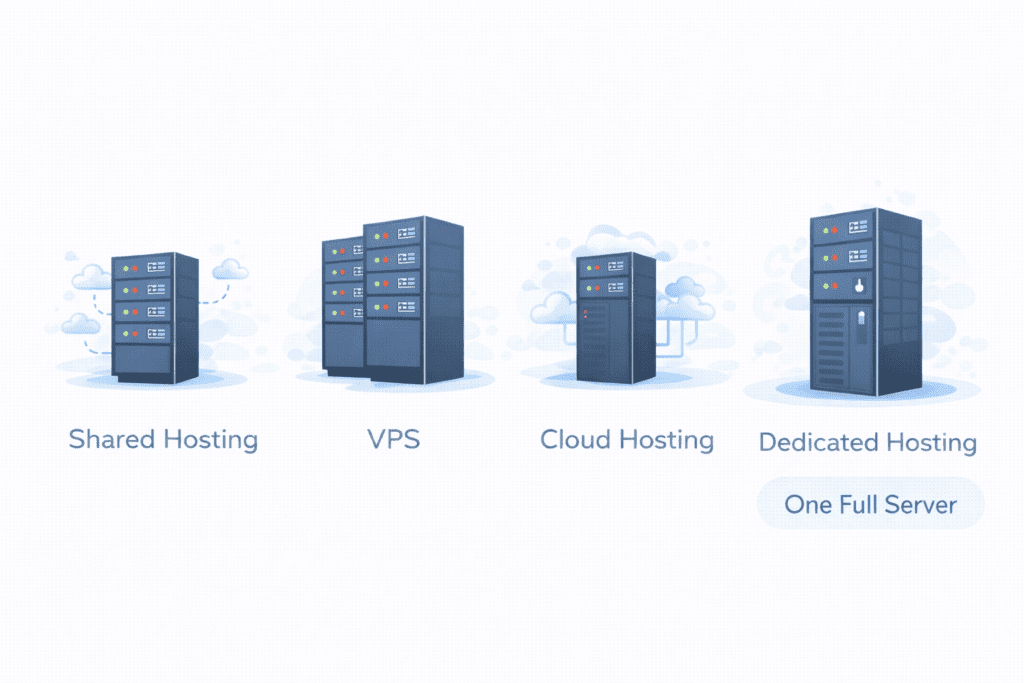 Dedicated hosting compared with shared, VPS, and cloud hosting