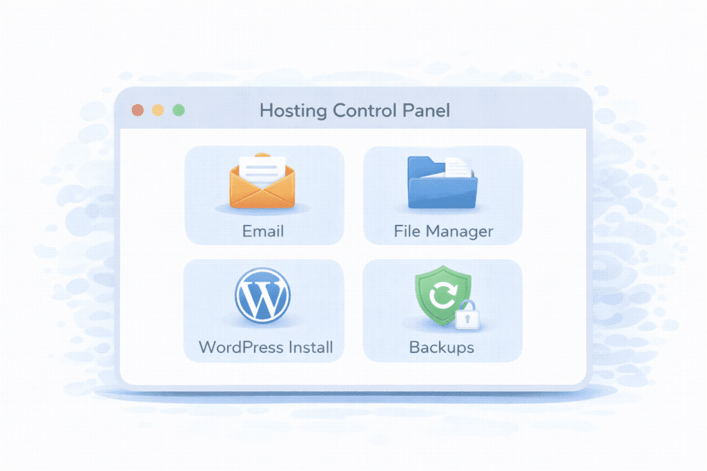 Shared hosting control panel with email file manager WordPress and backups