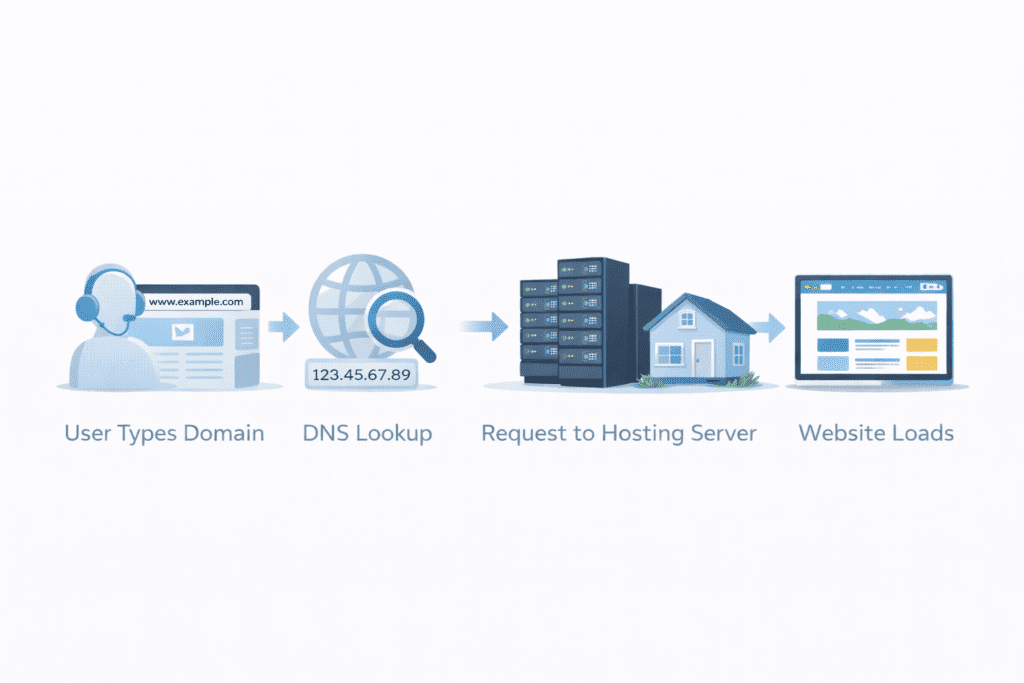 How domain name connects to web hosting using DNS lookup step by step