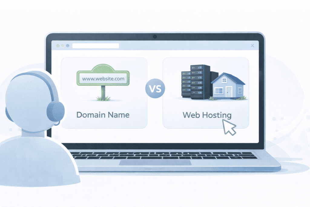 Choosing between domain name vs web hosting on a laptop screen