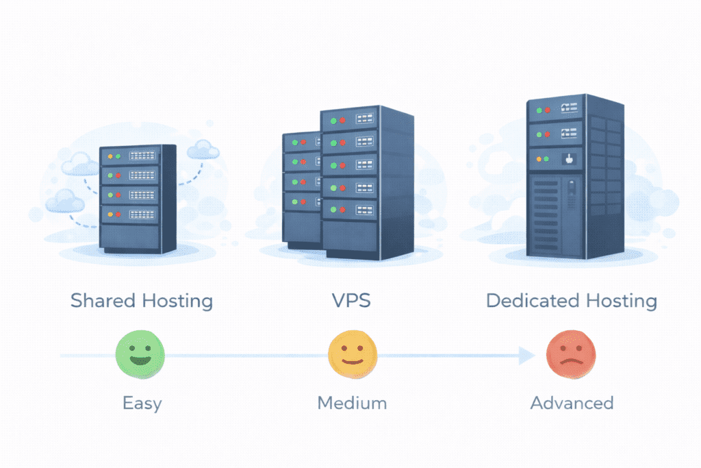 Shared, VPS, and dedicated hosting technical skill levels explained
