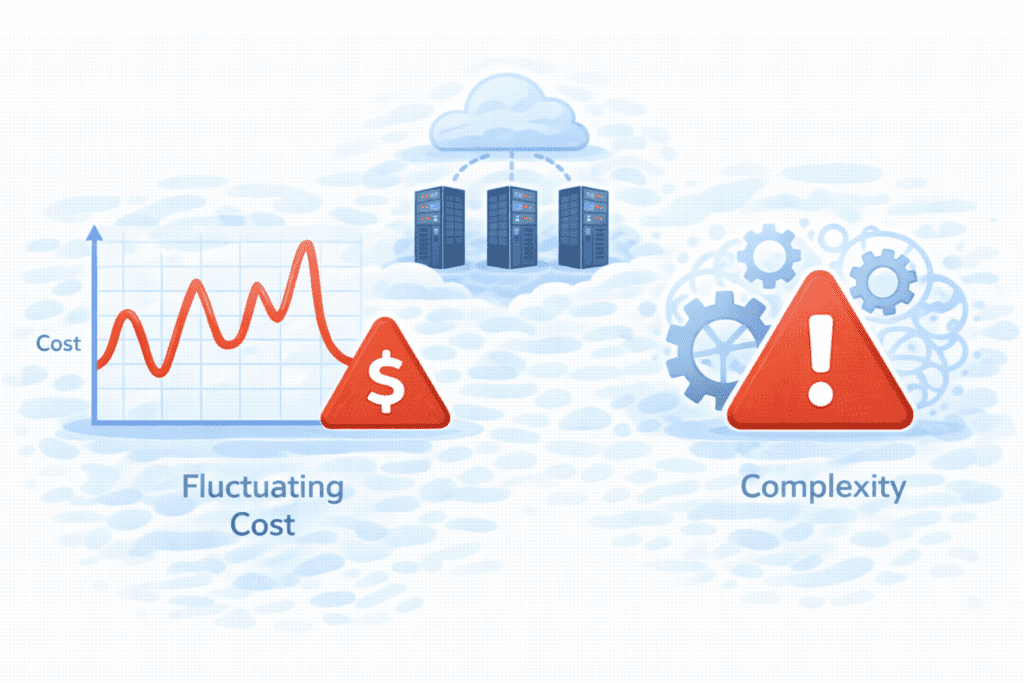 Cloud hosting drawbacks like fluctuating cost and complexity