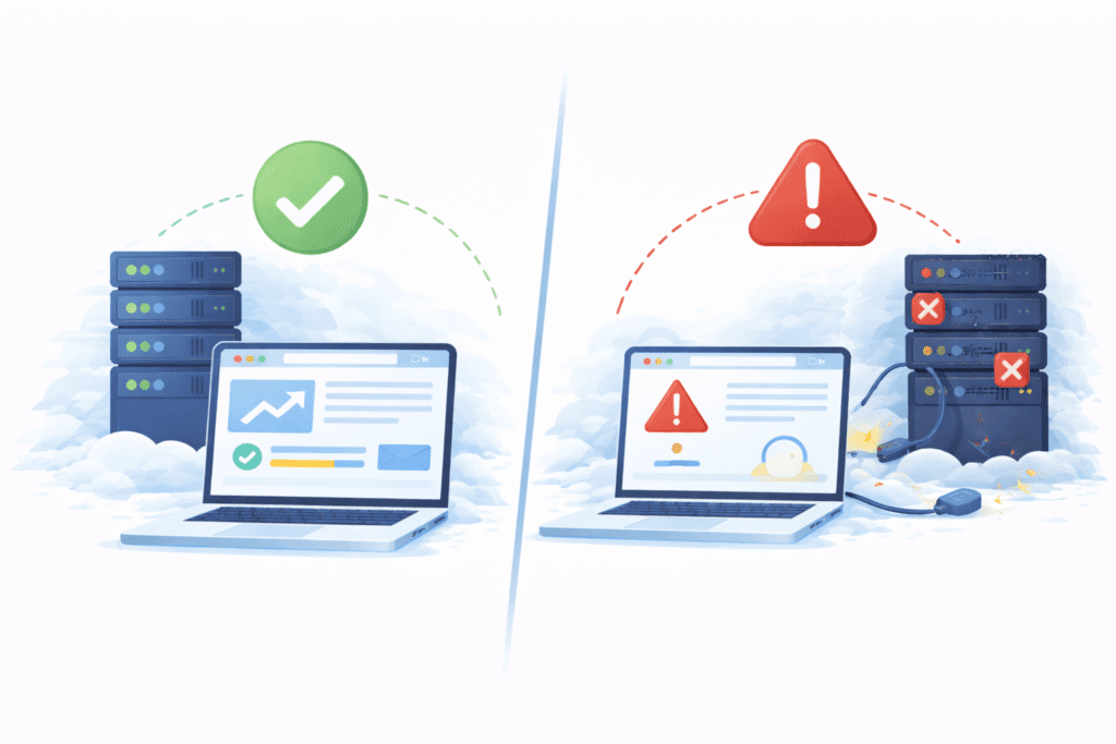 Web hosting affect SEO with reliable hosting versus error-prone servers