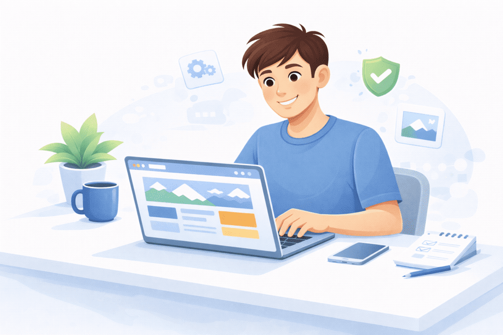 Beginner happily using web hosting to create a website on a laptop