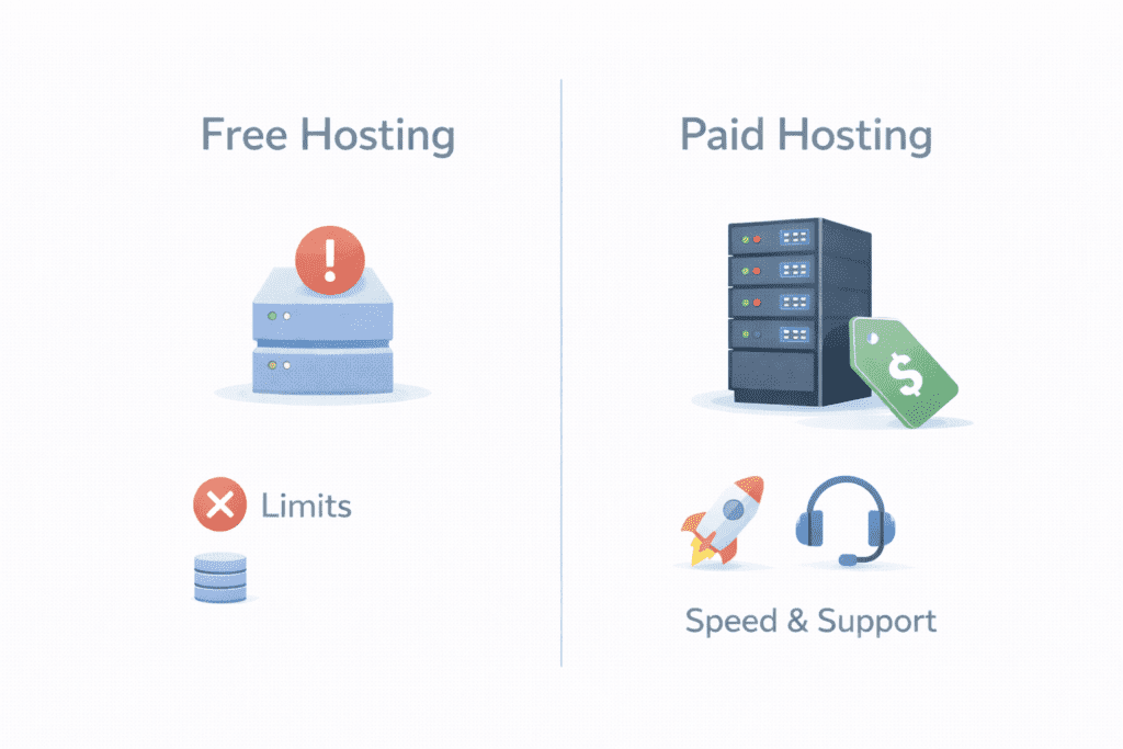 Free hosting vs paid hosting comparison showing limits and better features