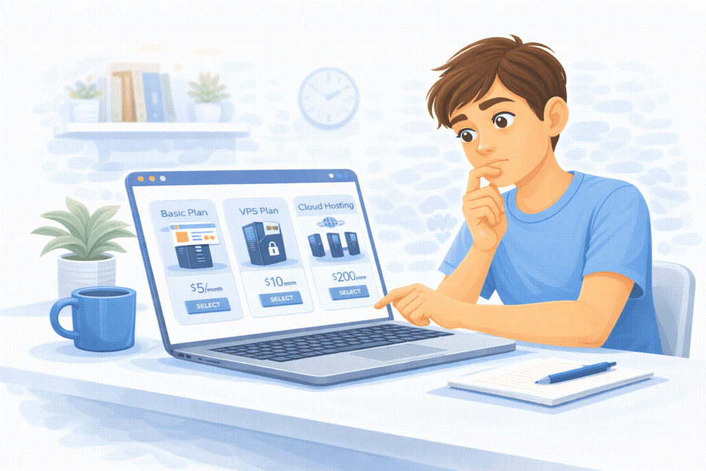 Beginner choosing a cloud hosting plan on a laptop
