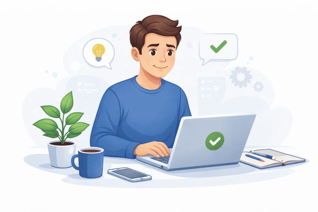 Confident beginner building a website on a laptop with web hosting setup