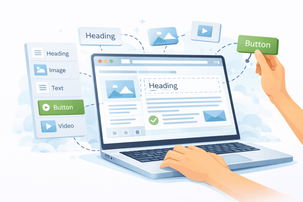 Web hosting for beginners using a simple website builder with drag-and-drop tools