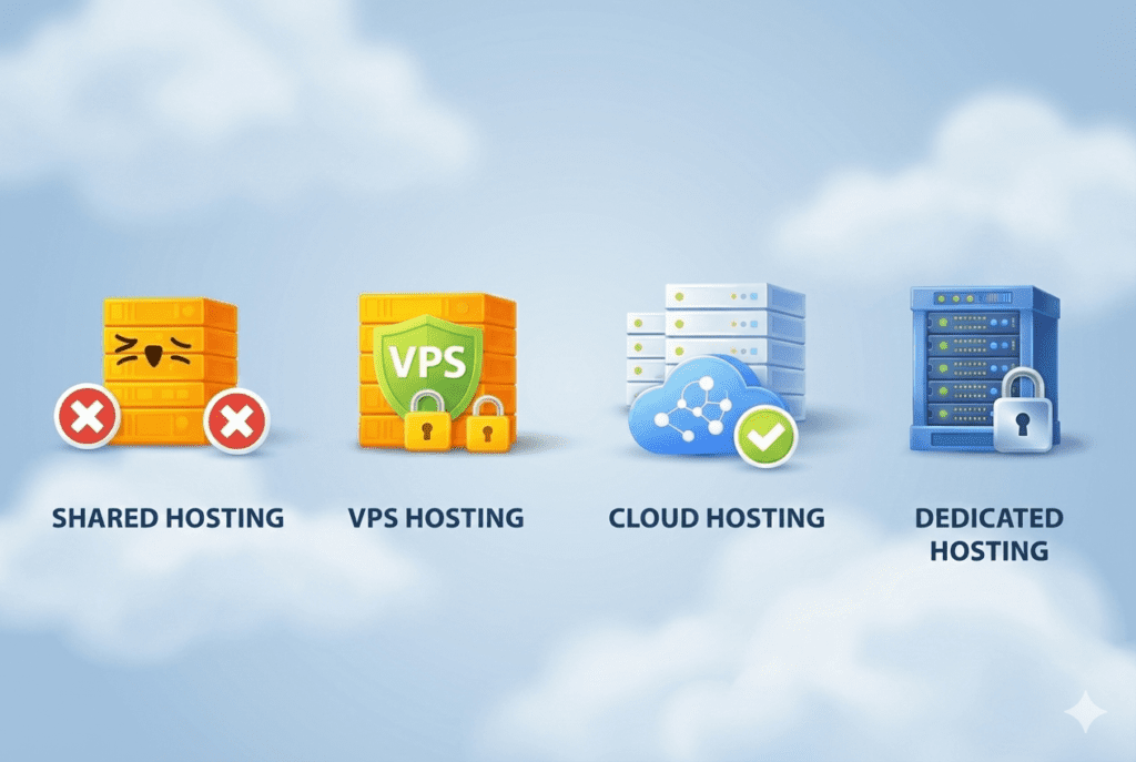Comparison of shared hosting, VPS hosting, cloud hosting, and dedicated hosting