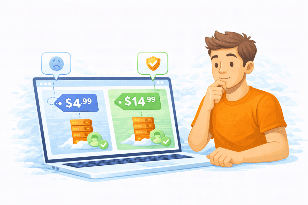 Cheap web host price comparison showing $4.99 vs $14.99 hosting plans for beginners