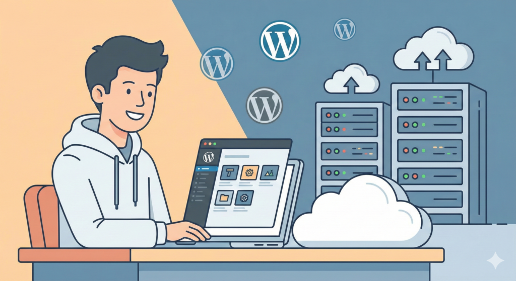 Beginner looking confused while using WordPress hosting with servers and question icons