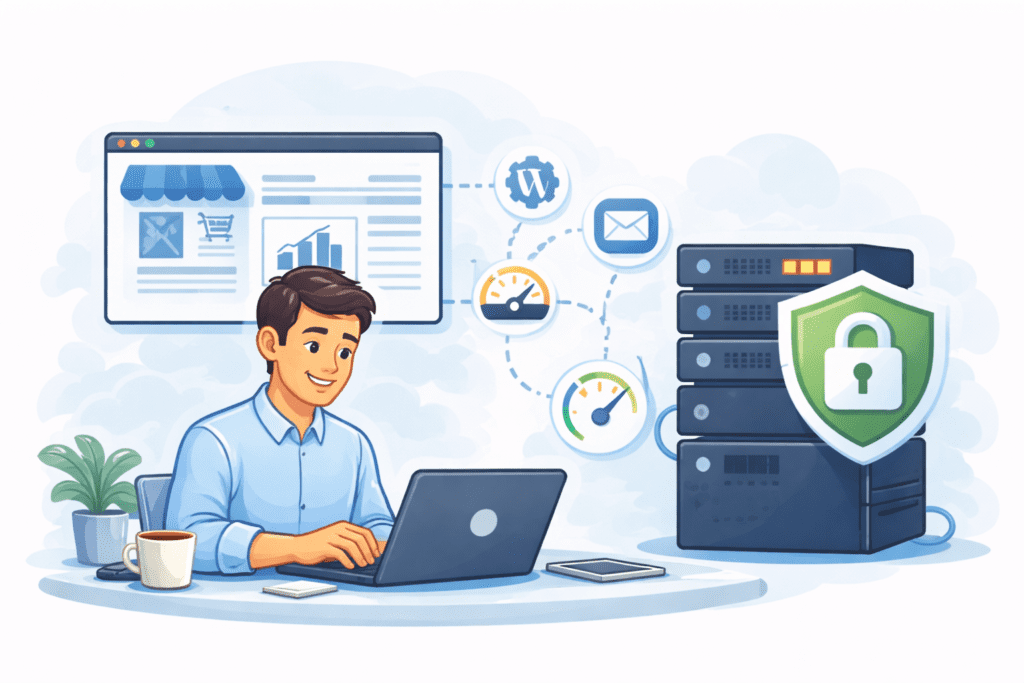 Small business owner managing a website with secure web hosting servers