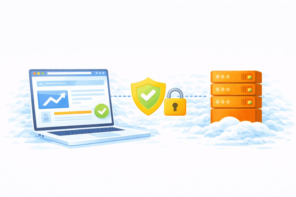 Web hosting security showing a secure connection between a website and server