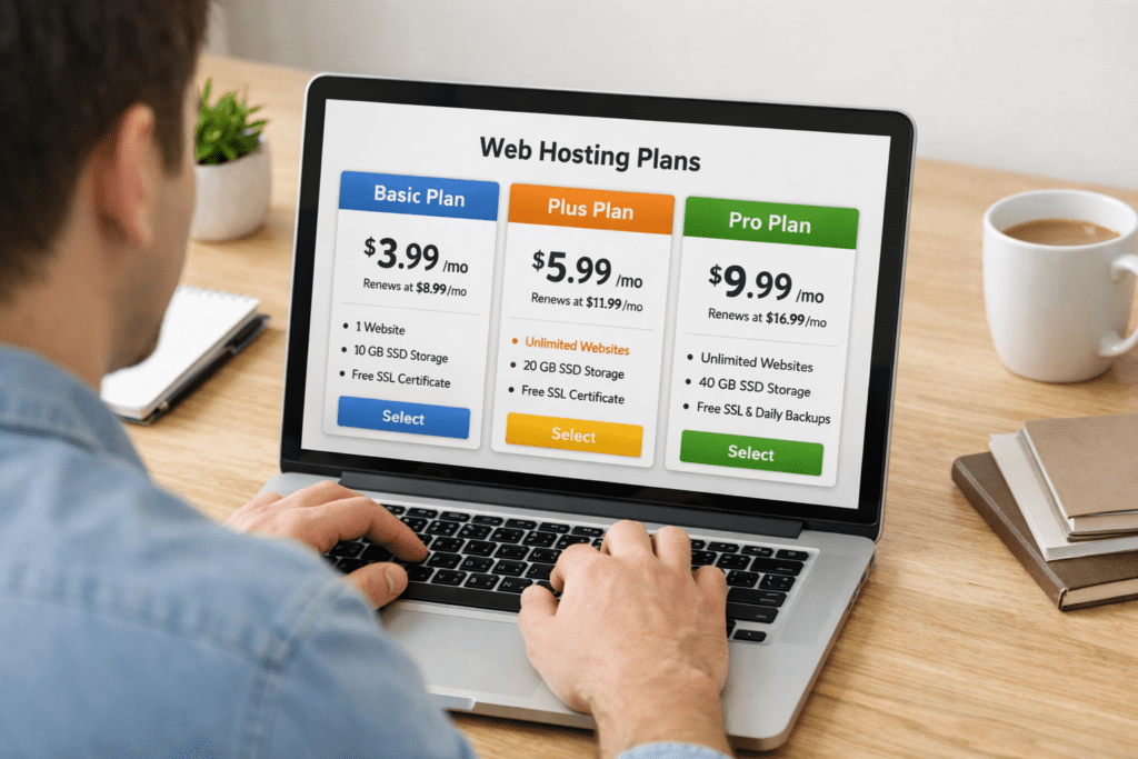 Beginner comparing web hosting plans and prices on a laptop screen