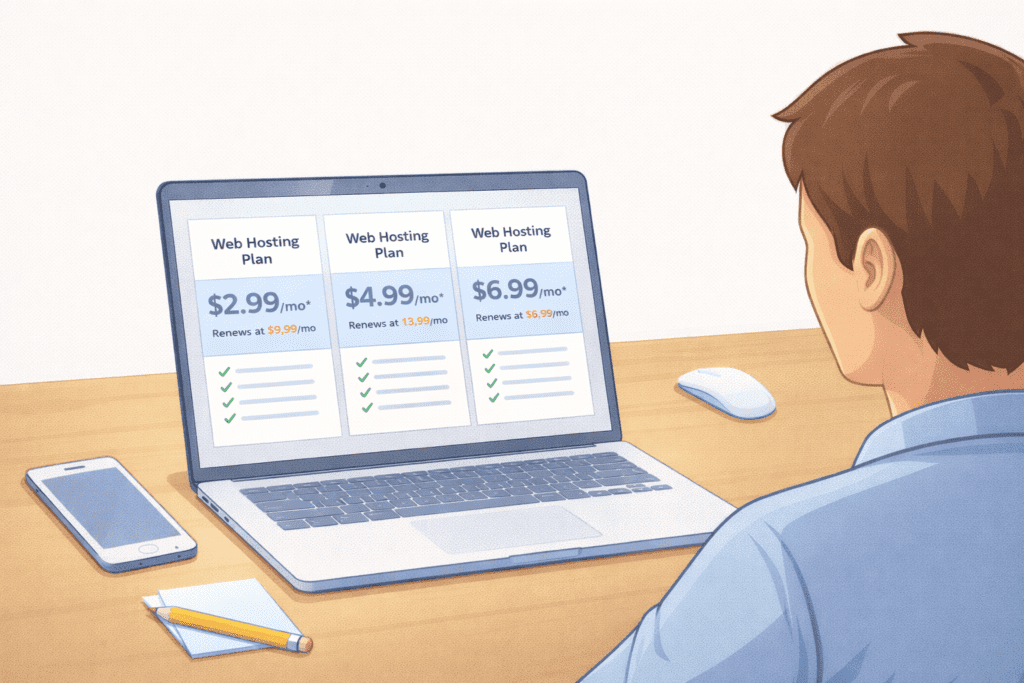 Person comparing web hosting solution plans on a laptop with pricing cards