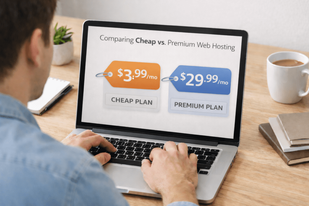 Person comparing cheap vs premium web hosting prices on a laptop screen