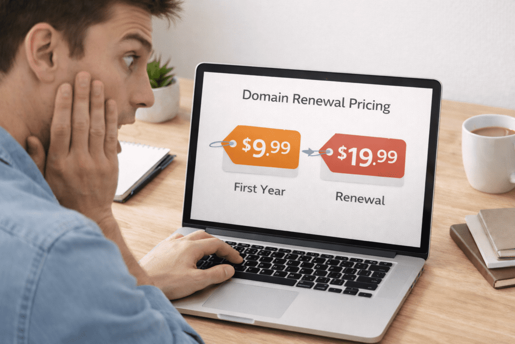 Domain renewal costs showing $9.99 first year and $19.99 renewal price