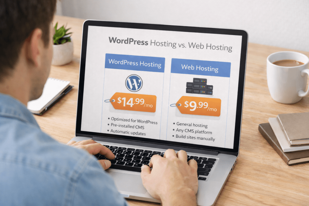 WordPress Hosting vs Web Hosting price and feature comparison on a laptop screen