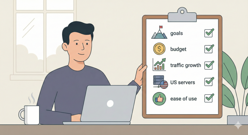 Blogger choosing the best web hosting based on goals and budget