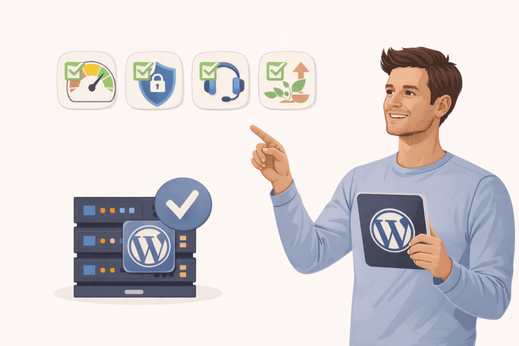 Person recommending reliable WordPress hosting with icons for speed, security, and support