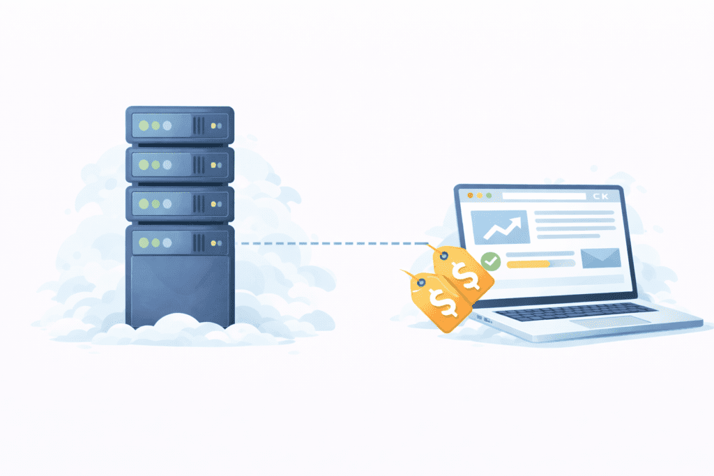 Website connected to hosting server with pricing tags