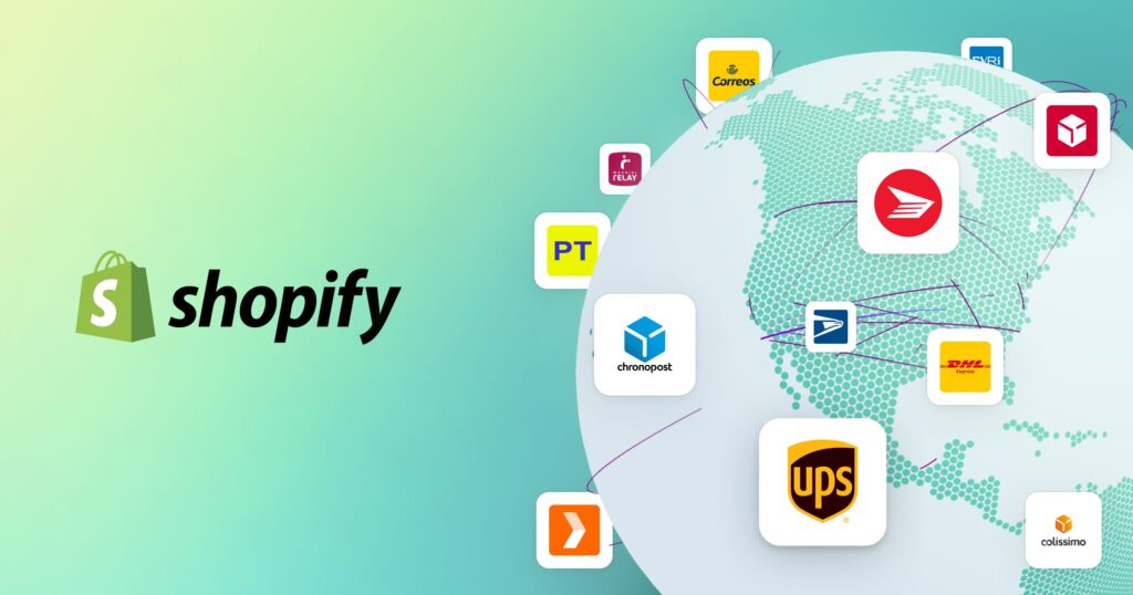 Shopify platform graphic showing global e-commerce shipping and fulfillment