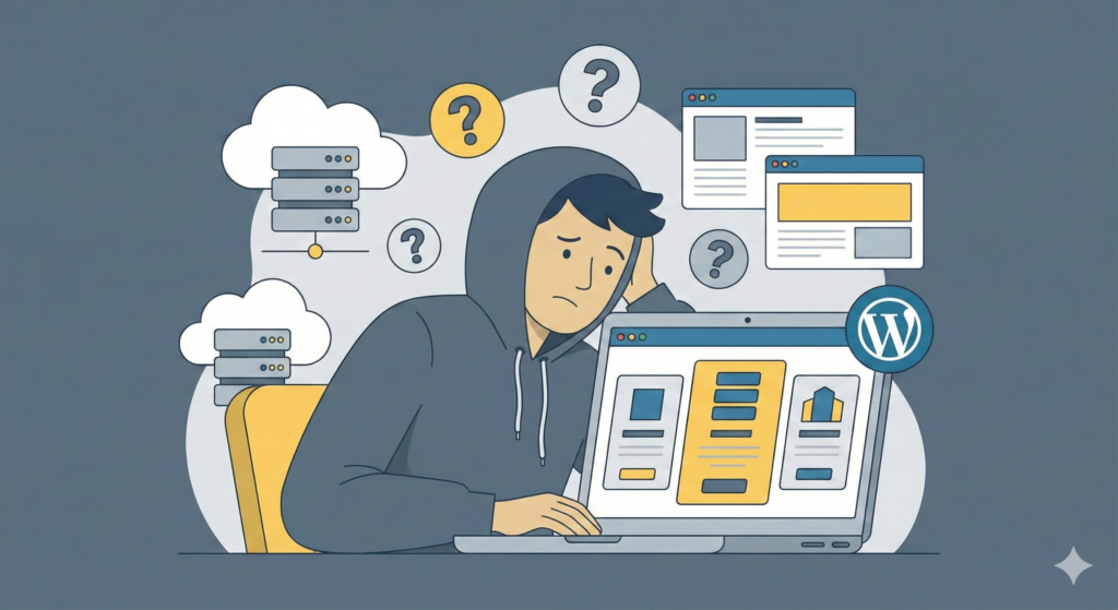 WordPress hosting setup with servers, database, PHP, speed, and security icons