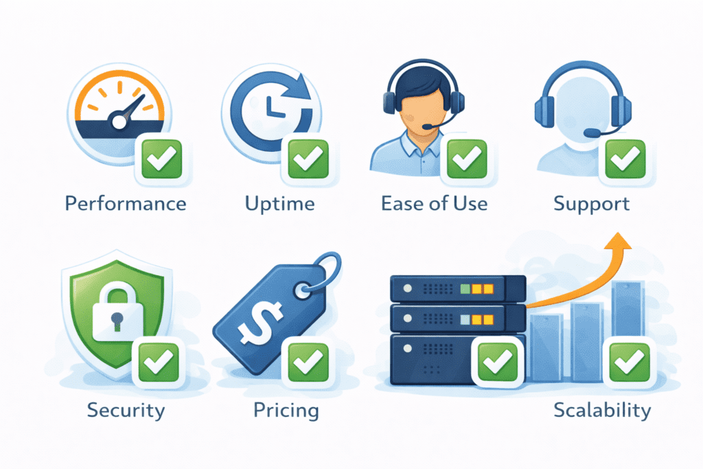 Web hosting features for small businesses including speed, uptime, and support