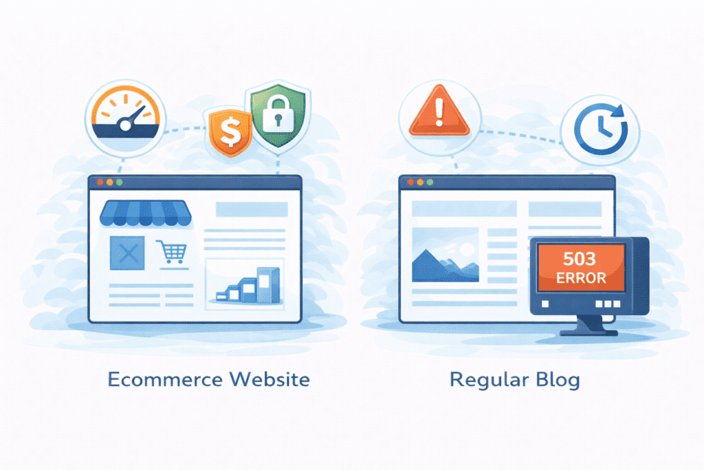 Comparison between e-commerce website hosting and regular blog hosting performance