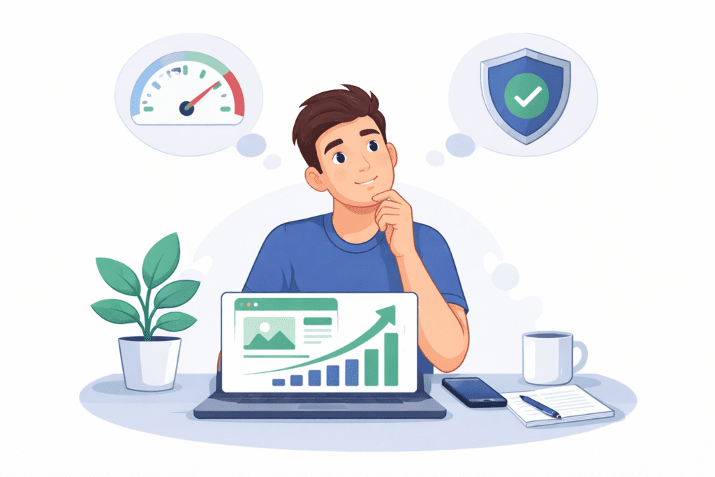 Person comparing VPS hosting and shared hosting options with icons for speed, security, and performance.