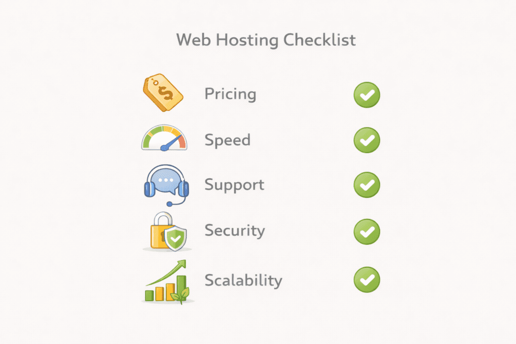 Web hosting checklist showing pricing, speed, support, security, and scalability