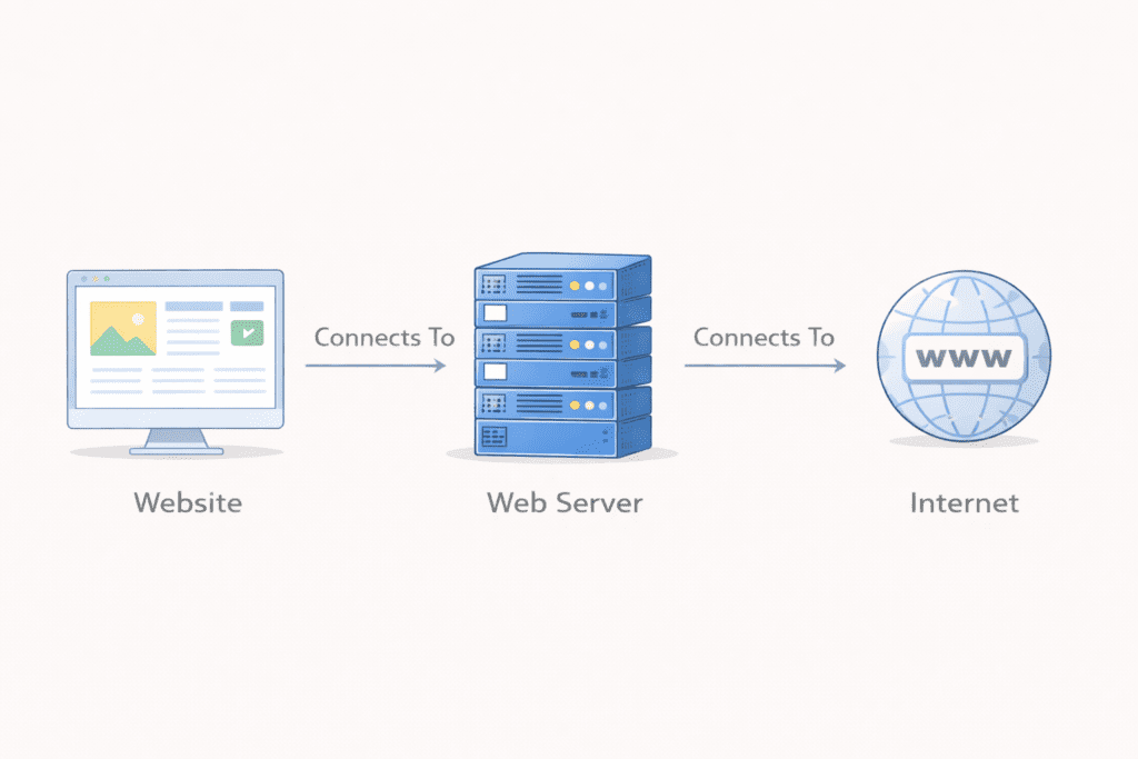 Simple web hosting solution diagram showing website connecting to a server and the internet