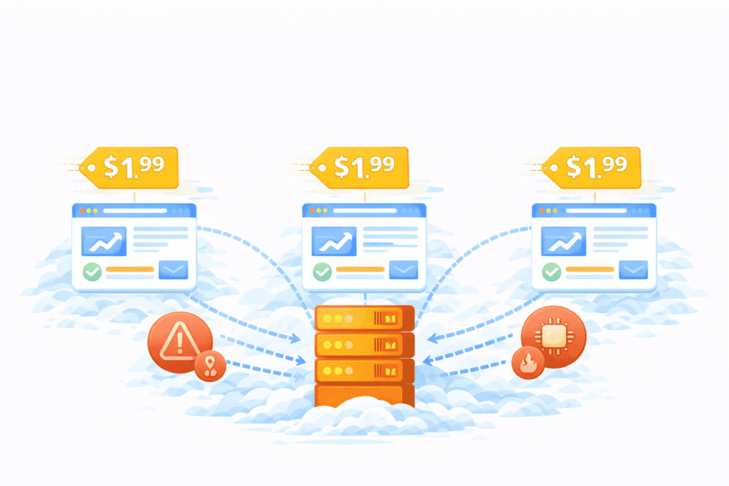 Multiple websites connected to a cheap web host server with warning signs of risks