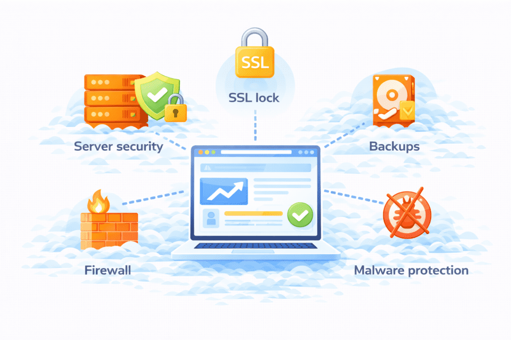 Web hosting security features like SSL, firewall, backups, and malware protection